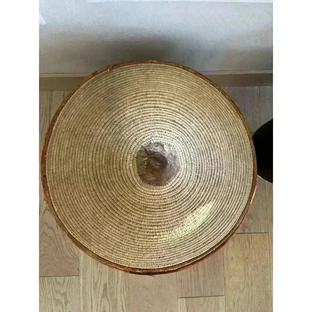 Antique Large woven basket With Lid Reversible Pointed Coil Cone Leather Piping